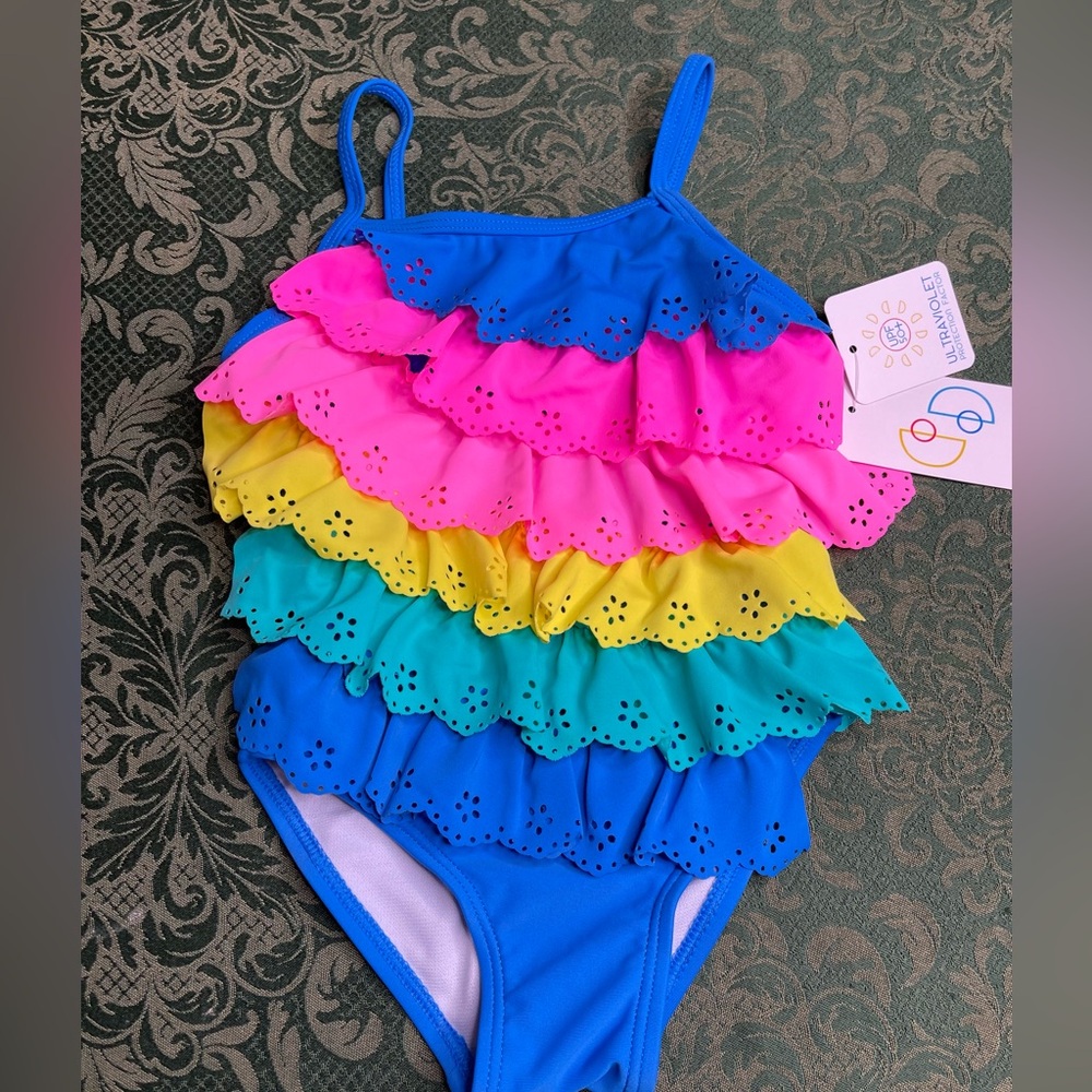 NWT 2T o 3T rainbow ruffles Eyelet lace Flapdoodles 1 pc Swim suit bathing pride
